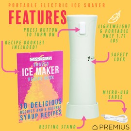 Cordless Shaved Ice Maker by PREMIUS – Lightweight, Rechargeable, Bonus Recipe Book, Resting Stand – Hawaiian Shaved Ice! USB Cord Included – Up to 40 Snow Cones Per Charge! No Molds Needed! (Mint)