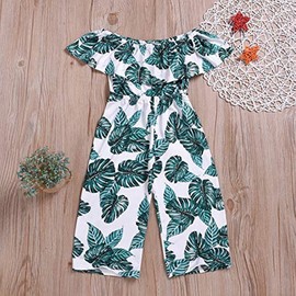 BOEBNOZCV Toddler Kids Girls Palm Leaf Wide Leg Jumpsuit Ruffle Off-Shoulder Romper Overalls Hawaii Outfit Clothing (Leaf, 5-6 Years)