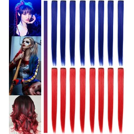 SARARHY 16 PCS Red and Blue Hair Extensions Girls Hair Accessories 21inch Straight Colored Clip in/on Synthetic Hair Extensions for Girls Party Christmas Gift (Blue Red)
