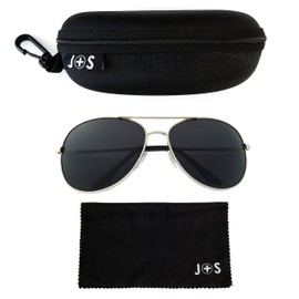 J+S Premium Military Style Classic Aviator Sunglasses, Polarized, 100% UV Protection (Medium Frame - Silver Frame/Black Lens)