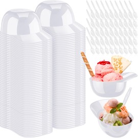 Tanlade 100 Set Baseball Helmet Bowl with Spoons 8 oz Mini Ice Cream Dessert Baseball Cap Bowls Plastic Helmet Chip Snack Cups for Party Supplies (White)