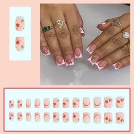 24 Pcs Press on Nails Short Square,YIHONGYUAN Pink Fake Nails Press ons Sweet Strawberry French Nail Acrylic Art Tip Kit Glue on Nails Full Cover Short False Nails Glossy Stick on Nails for Woman