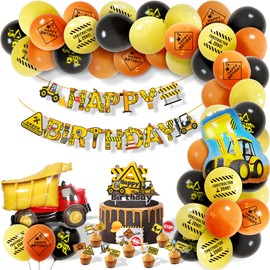 71pcs Construction Birthday Party Supplies Dump Truck Decorations with Vehicle HAPPY BIRTHDAY Banner Cupcake Toppers Foil Balloons for Kids Boys Birthday Party Engineering Theme Party
