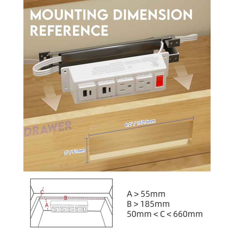JACEPFY Drawer Outlet with USB-C 20W PD Fast Charging, Flush-Mount