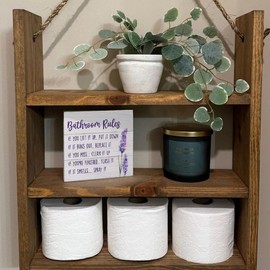 FLVGE Bathroom Rules Wooden Box Sign Desk Decor,Lavender Purple Farmhouse Toilet Decorations,Restroom Shelf Decor,Rustic Toilet Wood Block Plaque Sign for Home Tabletop Desk,5x5