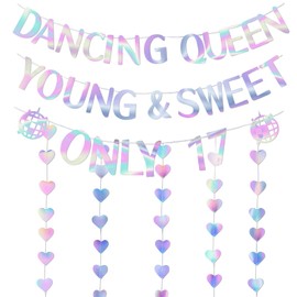 Dancing Queen Young & Sweet Only 17 Banner, Holographic Iridescent Disco Birthday Banner and Love-Heart Hanging Garlands Party Decoration, Dancing Queen 17th Birthday Party Decorations for Girls