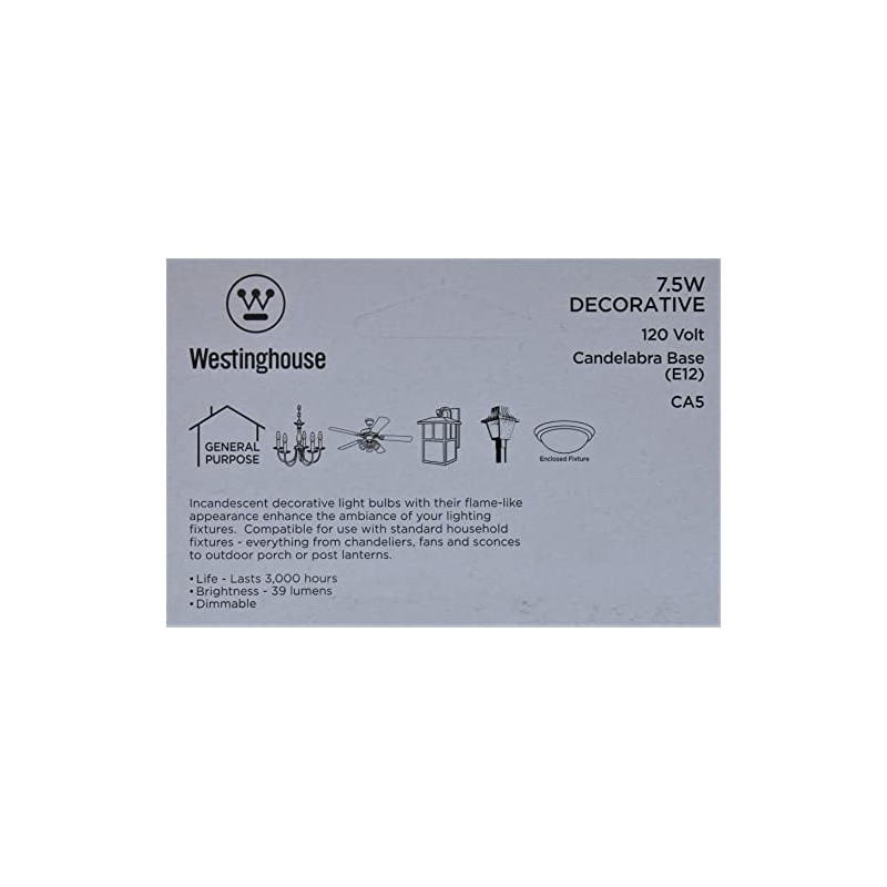 7.5 watt 120 volt CA5 Candelabra E12 Base Clear Decor