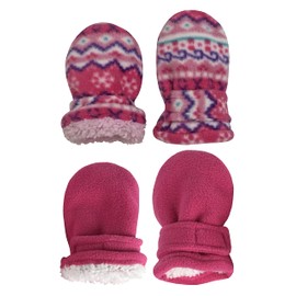 N'Ice Caps Baby Toddler Mittens Kids 2 Pairs Fleece Gloves Winter Warm Sherpa Lined (Fuchsia Fair Isle/Fuchsia Solid - Infant No Thumbs, 6-18 Months)