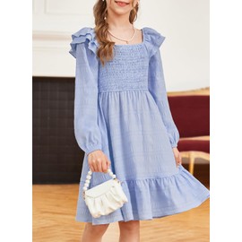DOKOTOO KIDS Girls Fall Dress Puff Long Sleeves Dresses Girl Cute Spring Dress Ruffle Flowy Waist Casual Fancy Boho Vestidos Niñas Graduation Holiday Light Blue 8-9 Years