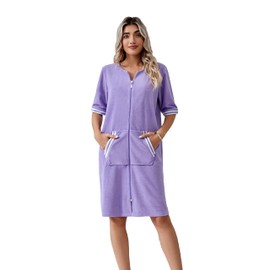 Richie House RH Housecoat Women Zipper Front Duster Robe 3/4 Lounger Housedress Pocket Nightgown S-3XL RHW4008-B-S Purple