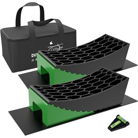 RVMATE Camper Levelers 8-Piece Kit RV Leveling Blocks Camper Wheel Chocks Including Two Curved Levelers, Two Chocks, and Two Rubber Grip Mats in Storage Carrying Bag