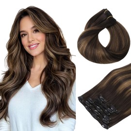 HOTBANANA Human Hair Clip in Hair Extensions, Balayage Dark Brown Mixed Chestnut Brown 75g Clip in Hair Extensions Real Human Hair Straight Remy Hair Dark Roots Ombre 12 Inch 7pcs
