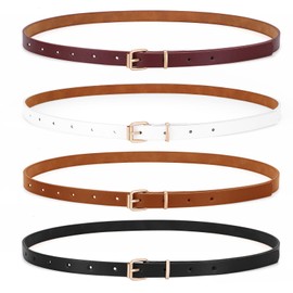 VONMELLI 4 Pack Skinny Leather Belt for Women Dresses Thin Waist Ladies Belt for Jeans with Gold Buckle, Black White Brown Coffee S