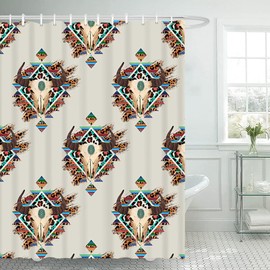 Lofaris Western Bull Skull Shower Curtain Native Aztec Tribal Bull Skull Southwestern Cow Decor Bath Curtains Vintage Farmhouse Country Bohemian Geometric Pattern Accessories Bathtub Decor