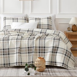 Southshore Fine Living, Inc. Oversized Coverlet Set, Plaid Quilted Bedspread Queen Size/Full Size, 3-Piece Bedding Set and Matching Pillow Shams, All Season Microfiber Fabric, Tofu Cream Plaid