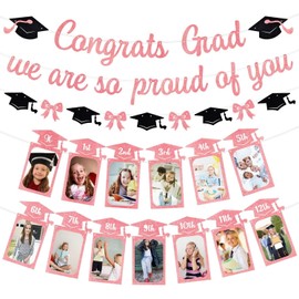 2026 Graduation Photo Banner, Congratulations On Graduation, We Are Proud Of You, Pink K-12th Graduation Decoration Set, Includes a Commemorative Milestone Photo Frame, Suitable For Children And Teenagers