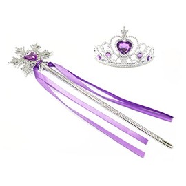 Kuzhi Princess Elsa Crown Tiara and Wand Set — Silver Heart Jewel, Dark Purple,snowflake, Large