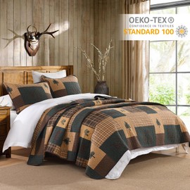 Finlonte Quilts Queen Size, 100% Cotton Cabin Queen Quilt, Lodge Cabin Farmhouse Queen Comforter Sets, Lightweight Reversible Qulted Bedspread Set for All Seasons, Dark Brown/Dark Green