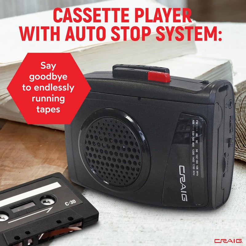 Craig Stereo Cassette Player/Recorder with Earphones: Portable AM/FM Radio &
