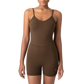 Colorfulkoala Women's Dreamlux Workout Romper with Adjustable Strap V Neck Padded Stretchy Unitard One Piece Short Jumpsuit(S, Cocoa)