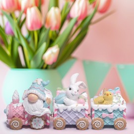 Hodao Easter Bunny Train Figurine - Exquisite Resin Easter Home Decoration, Colorful Easter Bunny and Train Design, 9.2 Inches Long (Easter Train Color 2)
