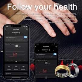 findtime Smart Ring for Men Women Gold Fitness Ring Android iOS Fitness Tracker Heart Rate Blood Oxygen Sleep Monitor Activity Tracker for Sports Time, Distance, Calories (black, #8-inner cir 57.5mm)