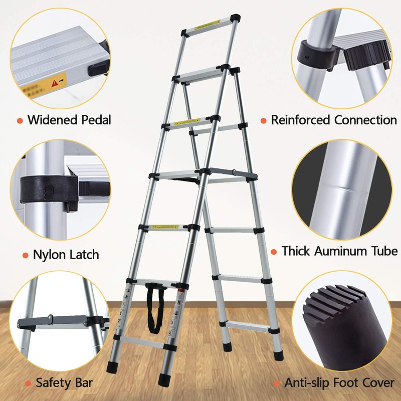 Telescopic A-Frame Aluminum Extension Ladder 1.7M + 2M Adjustable Folding