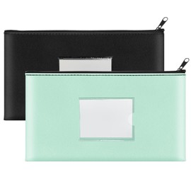2 Pack Money Bags with Zipper, Bank Pouch with Label, 11 x 6.1 Inch PU Leather Cash Deposit Holder for Coins, Invoice, Bills, Cosmetics, Tools (Black & Aqua Blue)