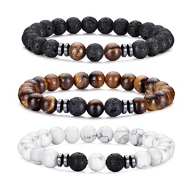 MOROTOLE Bracelet for Men, Tiger Eye Beaded Bracelets for Men Matte Lava Rock Bracelets Stacked Band Natural Stone Bracelet Set Adjustable Black Beaded Bracelet for Men Women Gifts