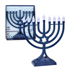 LED Electric Blue Hanukkah Menorah with Special Effects - Battery/USB Powered, Star of David, 4 Lighting/Blinking Modes, Large LED Bulbs, Chanukah Traditional Electric Menorahs - Navy Blue