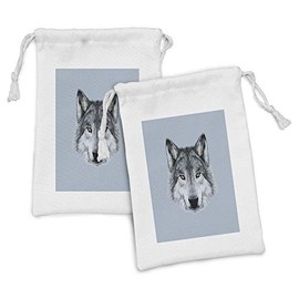 Ambesonne Wolf Fabric Pouch Set of 2, Dog Portrait Gaze Sublime Animal Illustration Canine Beast, Small Drawstring Bag for Toiletries Masks and Favors, 9" x 6", Black Beige Bluegrey