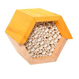 Esschert Design Hexagonal Bee House, Pine Wood, 14.8 x 14.6 x 12.8 cm, Honeycomb Box, Honeycomb Made of Paper Rolls, Zinc Roof, Weather-Resistant