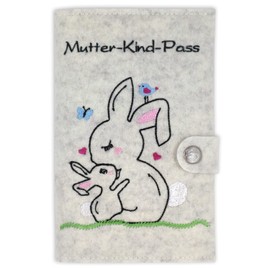 Mutterkind Passport Cover Austria Rabbit Love with Extra Compartments and Closure Made of Wool Felt - Mottled White