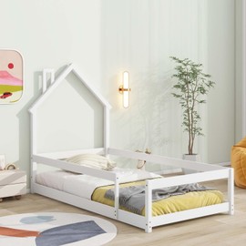 Tatub Twin Size House Floor Bed, Kids Montessori Floor Bed with House-Shaped Headboard and Fence for Girls, Boys (White)