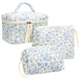 PAZIMIIK 3PCS Makeup Bag SET Large Travel Quilted Zipper Soft Cosmetic Case Pouch for Women Girls Make Up,Little Flower Blue