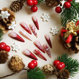 Christmas Press on Nails Long Stiletto Fake Nails Snowflake False Nails Matte Glue on Nails Red French Tip Acrylic Nails Winter Xmas Artificial Nails Bow Candy Glitter Stick on Nails for Women 24 Pcs