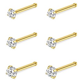 incaton 18g Nose Studs Stainless Steel Nose Piercings Rings Nose Bone Gold 6Pcs 2.5mm CZ