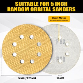 GEOGIEEW 130Pcs 5 Inch 8-Hole Hook&Loop Sanding Discs, 180 Grit Diamond Yellow Sand, Dust-Free/Wear-Resistant, Latex Paper Base (No Fray), 135G Backing for Wood/Metal/Auto, DIY & Pros