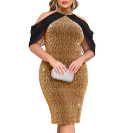 ZOMVA Plus Size Sparkly Party Dress Bodycon Halter Neck with Cape Cocktail Glitter Formal Club Night Out, Gold & Black, 2X