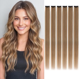 tesshair Clip in Hair Extensions Real Human Hair Remy Single Clip Double Weft 6 Pcs Seamless Highlight Straight Human Hair Clip in Extensions for Women #4P27 Medium Brown & Dark Blonde - 16 Inch