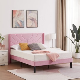 VECELO Full Size Upholstered Platform Bed Frame with Fabric Headboard,Wooden Slats Support/No Box Spring Needed/Mattress Foundation/Easy Assembly,Pink