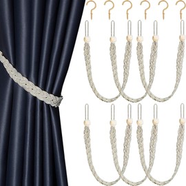 6 Pieces Braided Curtain Tiebacks Rope Belt Curtain Ties and 6 Pieces Hooks Metal Curtain Tieback Hooks for Window Curtain Accessories (Beige and Silver)