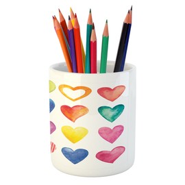 Ambesonne Grunge Pencil Pen Holder, Rainbow Color Heart Shapes Valentine's Day Design Romantic His and Hers Theme, Printed Ceramic Pencil Pen Holder for Desk Office Accessory, Red Blue Yellow
