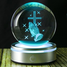Goutangen 3D Cross Figurine with Praying Hands Crystal Ball Religious Gifts for Women Men Christian Decor for Home with Light Base, Engrave Present Ideas for Birthday Christmas Mother's Day -80mm