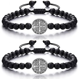 Daxtril 2 PCS Catholic Bracelet San Benito Bracelet Saint Benedict, Medal Adjustable String Bracelets Religious Gifts for Men Women Gifts Mother Day Gift (Silver Color)