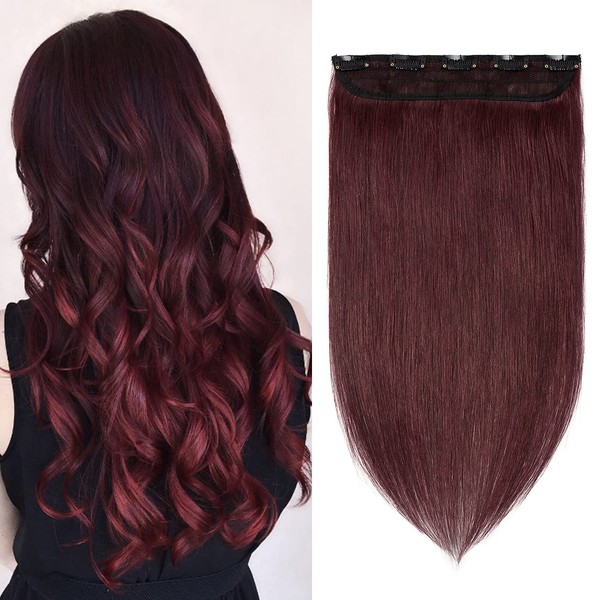 S-noilite 1 Piece Clip in Human Hair Extensions Burgundy 5 Clips 3/4 Full Head Clip on Remy Hair Extension For Women Lighter One-Piece Design Adding Hair Volume 16Inch 45g Wine Red