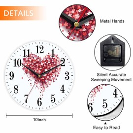 Mxocom Floral Love Heart Wall Clock Beautiful Romantic Red Pink Rose Peony Flower Petal 10 Inch Silent Non Ticking Battery Operated Clock Vintage Round Clock for Living Room Bedroom Bathroom Decor