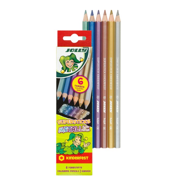 JOLLY Crayons de couleur Metallic, 6 crayons métalliques avec mine incassable, hexagonaux, incassables, couleurs vives et saturées, même couleur de corps que la couleur d'écriture