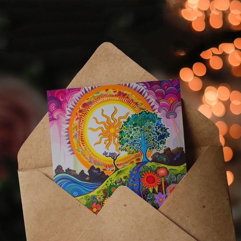 Artery8 Bright Colourful Hippy Artwork Flowers Sun Trees Greeting Birthday