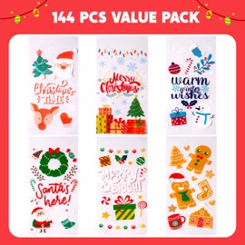 JOYIN 144 PCS Christmas Cellophane Candy Bags, Holiday Treat Goody Cookie Bags with Ribbon Ties for Festivals Party Supplies, Xmas Candy Gift (11 x 5 inches)